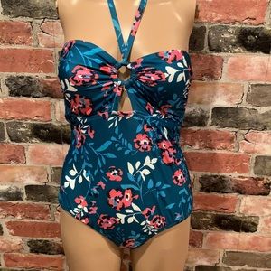 Green, flower print, one piece bathing suit.